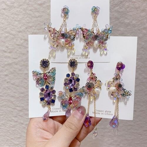 Korea 2021 Colourful Crystal Butterfly Earrings for Women Long Chain Tassel Temperament Flowers Drop Pendant Earring
