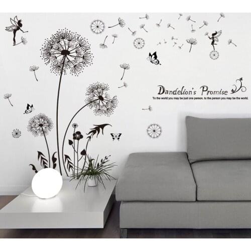 [shijuekongjian] Black Color Dandelions Wall Stickers DIY Flowers Wall Decals for Living Room Kids Bedroom Kitchen Decoration