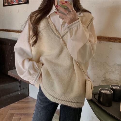 2021 Women Autumn Long Sleeve Shirt + Knitted Printed Vest Casual Loose Two Piece Set Women Solid Blouse Clothes Outfits Q916
