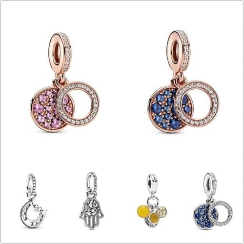 925 Sterling Silver Sparkling Blue Disc Double Dangle Charm Bead Fit Women Pan Bracelet & Necklace Jewelry