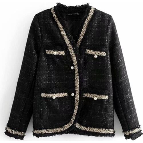 Nice Vintage Woman Pearl Button V Neck Tweed Jacket Fad Fashion Ladies Autumn Single Breasted Coat Female Elegant Warm Outwear