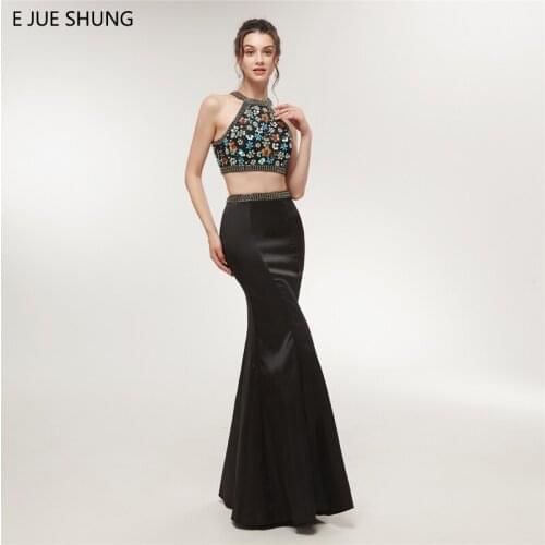 E JUE SHUNG Black Colored Crystals Two Pieces Prom Dresses Long 2018 Elegant Mermaid Party Dresses galajurken Real Picture