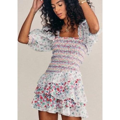 2021 Summer Mixed Floral Prints Ruffled Holiday Dress Square Neck Smocked Sexy Laides Dress Mini Dress