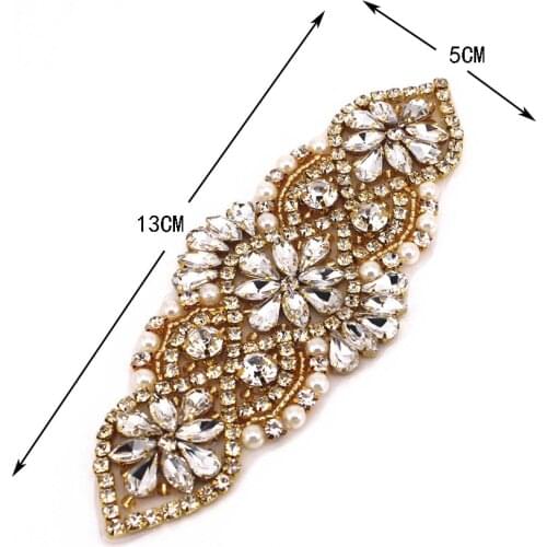 Gold Beaded Crystal Rhinestone Applique Decorations for Bridal Dresses Prom Handcrafted Sparkle Wedding Sash Belt Applique