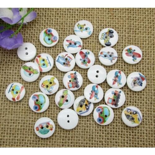 100pcs 15mm Mixed White Round Traffic Tool Series Pattern Wooden Buttons For Clothes Crafts Sewing Scrapbooking DIY Accessories