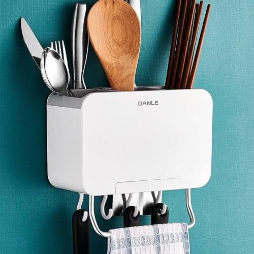2 in 1Plastic Wall Mounted Kitchen Storage Rack Knife Holder Cutlery Container Spoon Forks Organizer Utensil Tools with Drainer