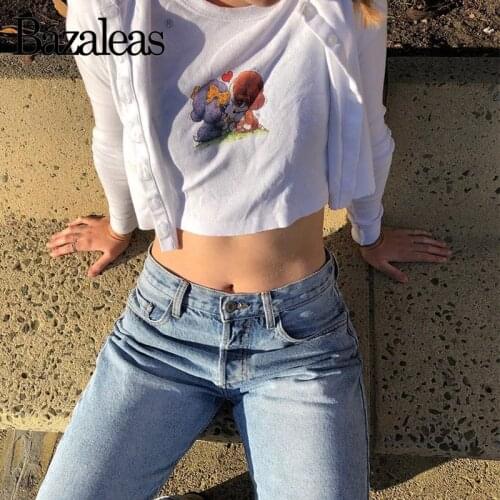 Bazaleas harajuku Two Dogs Kiss Print White Cropped t shirt women Sexy Crop Top tshirt gothic white Women T-shirt
