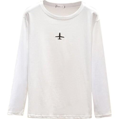 GGRIGHT white Basic Solid Cotton T-Shirt embroidery T Shirt Women Long Sleeve Tshirt Woman 2020 Fall Tops Casual Tee Shirt Femme