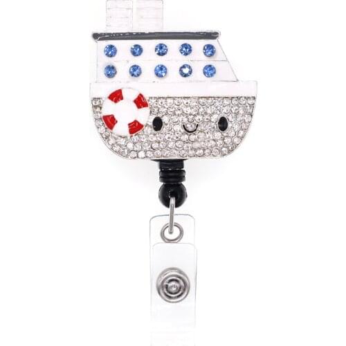 Free shipping Rhinestone enamel cute Steamship sailboat doctor/nurse Retractable ID Badge Holder reel for nurse accessories