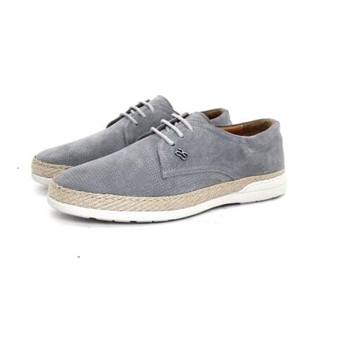 SHENBINS Pale Sky Blue Handmade Suede Sneakers with Perforated Suede and Woven Straw Matting On Sole Sides
