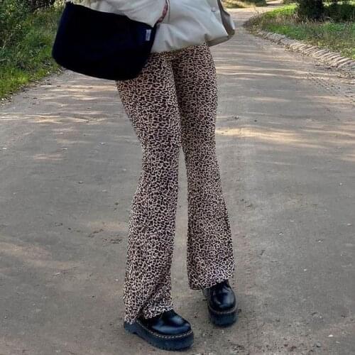 Y2K Fashion Leopard Pattern Flare Pants E-girl Autumn Vintage Slim Animal Print High Waist Long Pants Wild 90s Outfits