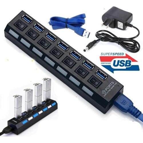 Black 7 Port USB 3.0 Hub On/Off Switches AC Power Adapter Cable For PC Laptop Mac NEW US EU UK plug