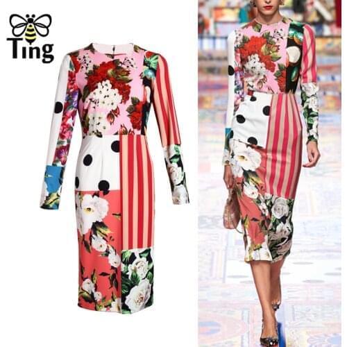Tingfly Designer Fashion Spring Summer Bodycon Dress Womens Flower Pink Print Elegant Office Lady Runway Dresses Vestidos