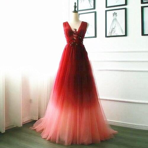 Sexy Red Gradient Prom Dresses 2020 Long A-line V-neck Flowers Beading Sleeveless Tulle Dressing Gown vestidos LE40779