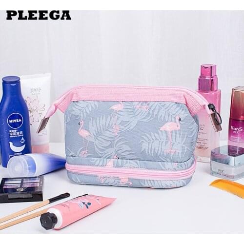 Double Layer Flamingo Cosmetic Bag Women Make Up Bag Travel High Capacity Makeup Bag Toiletry Kits Necessaire functional bag