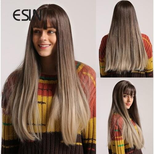 INHAIR CUBE 22" Women Synthetic Wigs Long Silky Straight Hair Middle Part Realistic Simulation Scalp Ombre Wig with Bangs