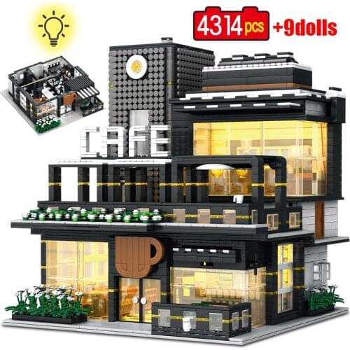 4314pcs LED City Street View Cafe House Bar Model Building Blocks Modern Creative Bricks Figures Toys For Childrern Gifts