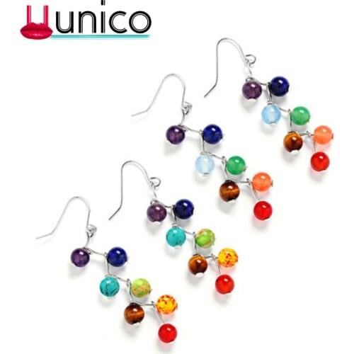 Hots Natural stone 7 Chakra 6mm Tiger Eyes Stone Earrings YogaTiger stone green Gold Curved Needle Earrings For Women