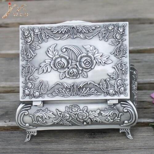 IMUWEN Pewter plated metal jewelry box delicate flower pattern craft home decoration trinket box