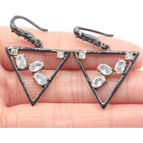 40x28mm Unique Vinitage Trangle Jewelry Set Gothic Created White Bright Cubic Zircon Black Gold Silver Pendant Earrings
