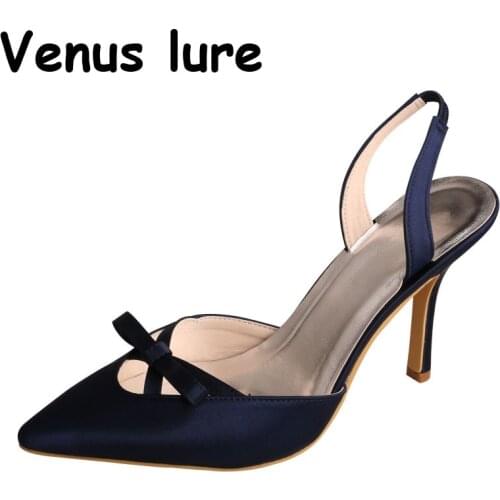 China Wholesale Women High Heels Shoes Slingback Navy Satin Bridesmaid Shoes Pointed Toe Pumps