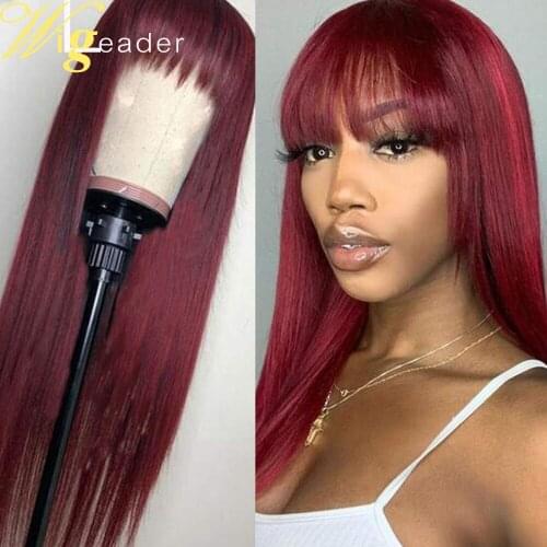 Wigleader Red Color Remy Human Hair T part Lace Front Wigs with Bangs Preplucked 180% Density Lace front Wigs Red Remy Hair Wigs