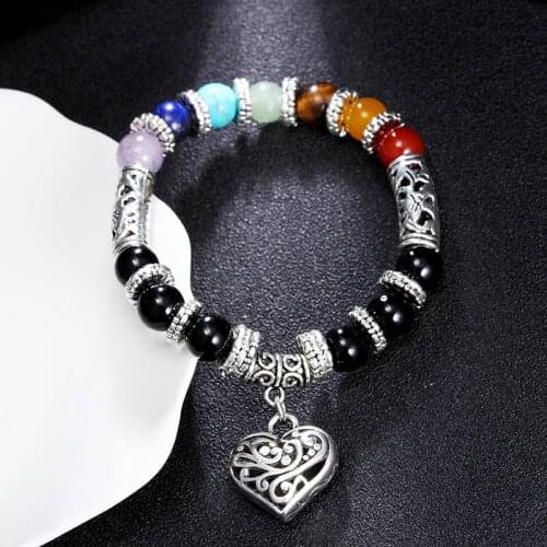 Heart Pendent 7 Chakra Bracelet For Men Women Reiki Prayer Healing Balance Crystals Stone Bead Bracelet Yoga Meditation Jewelry