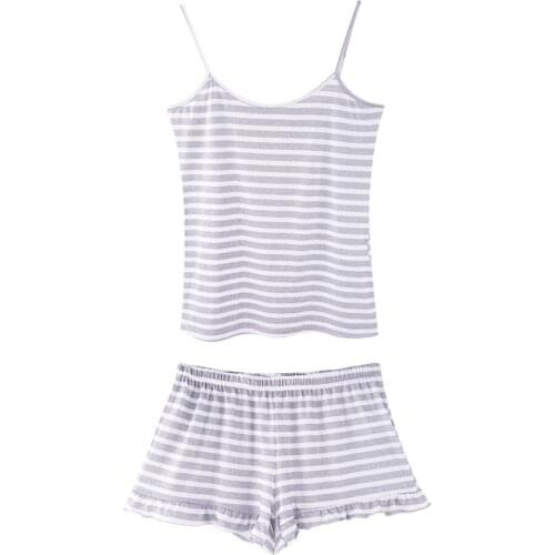 Stripe Spaghetti Strap Camis Tank Tops Shorts 2pcs Sleep Pajamas Sets for Women Home Clothes Set Lingerie Nightgown Lady Pajamas
