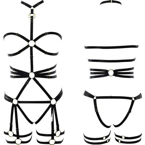Hollow Bondage Body Cage Harness Set Rave Wear Sexy Open Chest Bra Black Women Leg Garter Belt Punk Goth G-String Bodysuit