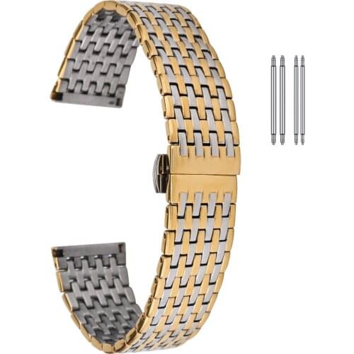 Stainless Steel Strap 20mm 22mm Metal Watch Band Link Replacement Butterfly Buckle Gold Bracelet Wristband Men Women Accessories