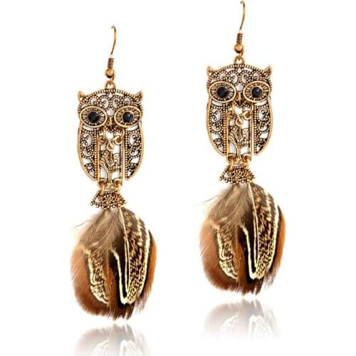 S434 Fashion Jewelry Vintage Earrings Cutout Owl Feather Pendant Dangle Earrings