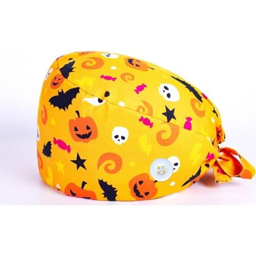 Halloween Print Scrubs Caps Hats For Women Pet Grooming Agency Work Scrubs Christmas Caps Beauty Work Cap Breathable Nursing Cap