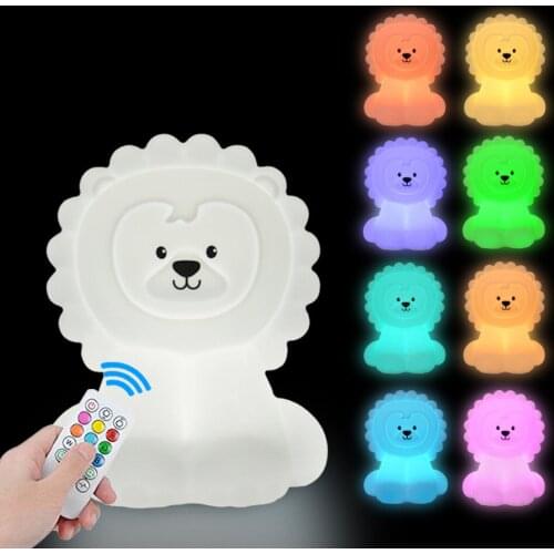 Lion Night Light Touch Sensor Remote Control RGB LED Dimmable Timer Cartoon Silicone Bedroom Bedside Lamp for Children Baby Gift