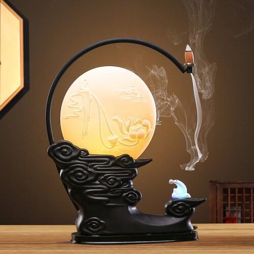 Led Light Ceramic Incense Burner Chinese Style Eletric Backflow Incense Burner Modern High Quality Encensoir Home Decor EI50IB