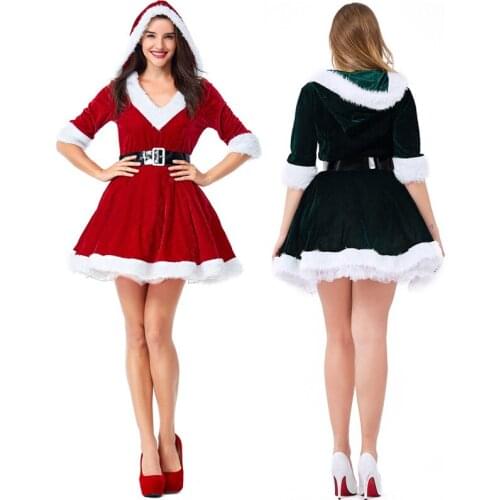 Woman Christmas Costumes Velvet Red V-neck Hooded Fluffy Dress Costumes For Christmas Party Costume