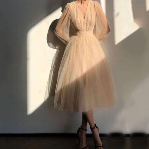 Tea-Length Tulle Evening Dresses 2021 Women V-Neck Long Sleeve A-Line Simple Prom Gowns Eleglant High Quality Vestidos de fiesta