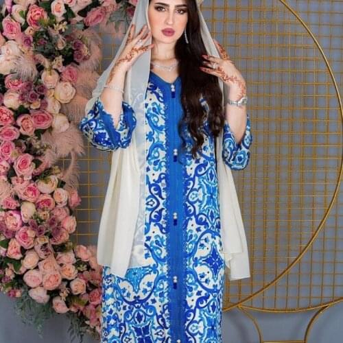 Ramadan Eid 2021 Women Jelleba Maxi Dresses Blue Print Lace Braided Trim Long Sleeves Muslim Dubai Morocca Abaya Kaftan Party