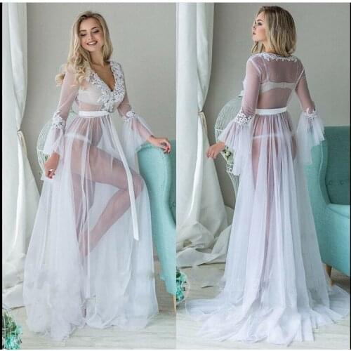 Women Lace Perspective Kimono Robe Dressing Gown Night Dress Sexy See Through Bathrobe Cover Up Long Maxi Dress Nightdress