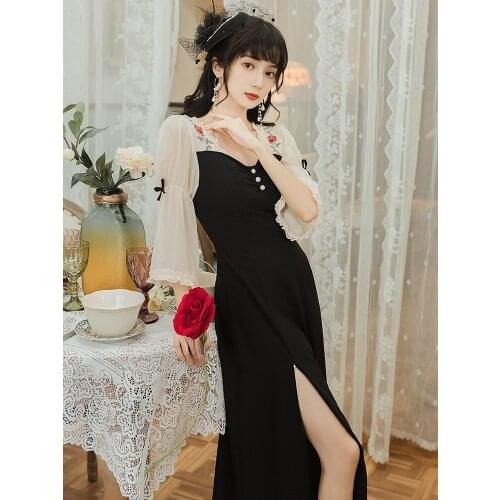 Vintage Rose embroidery Waist High Slit Sexy Black Dress Women 2021 Spring French Romantic V-Neck Embroidery Fashion Vestido