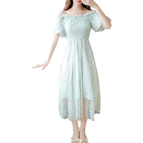 2021 Fashion Summer Dress Woman One word collar Vintage Little Daisy Flowers Mesh Dress Ladies Sweet Midi Party Vestidos