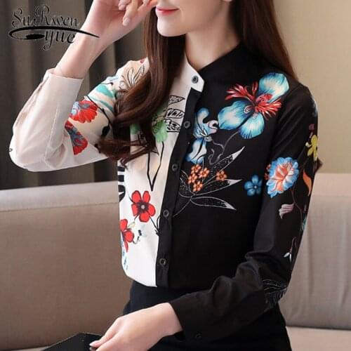 Spring Print Stand Black Long Sleeve Top 2020 Fashion Korean Clothing Chiffon Blouse for Women Button Blusas Femininas 8004 50