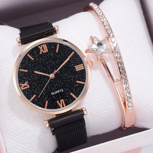 2020 Women Elegant Magnet Black Buckle Starry Sky Luminous Roma Watch Luxury Ladies Stainless Steel Quartz Watches Gift Clocks