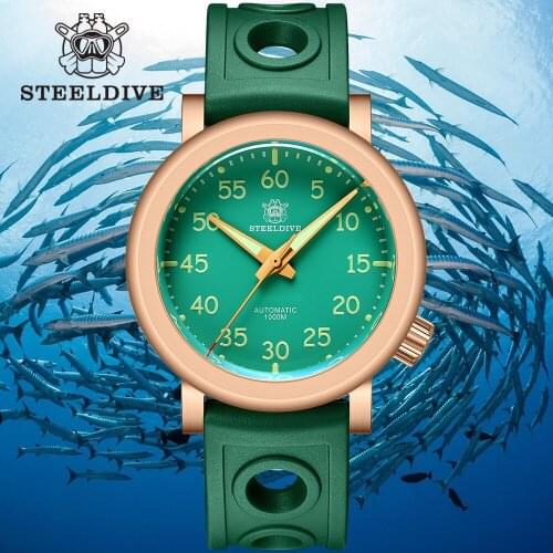​SD1910S STEELDIVE Mens Diving Bronze Watch C3 Green Luminous Dial Submersible NH35 Sapphire Glass 1000m Waterproof Wristwatch