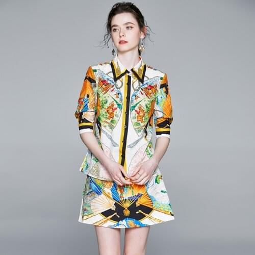 Designer Fan-shaped Pattern Print Suit Set Women Short Sleeve Button Down Shirt Blouse Mini Skirt Set Two Pieces Set k6387