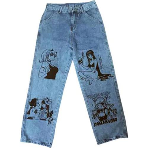 Vintage Washed Jeans Women Y2K 90s aesthetic Streetwear Jeans Harajuku Cartoon Anime Print Jeans Man Jeans Emo Wide Leg Pants