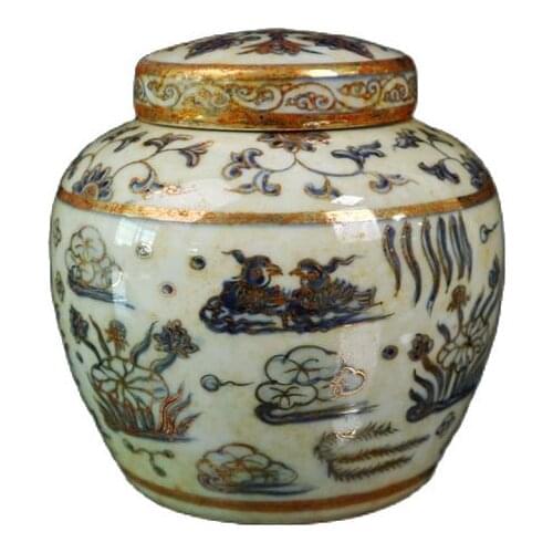 Antique Ming Dynasty Chenghua year made porcelain home furnishings with gold blue and white mandarin duck pattern