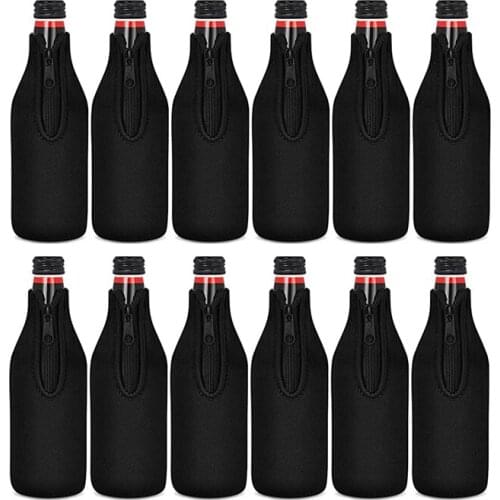 Beer Bottle Cooler Sleeves Keep Drink Cold Zip-Up Extra Thick Neoprene Insulated Sleeve Cover Black