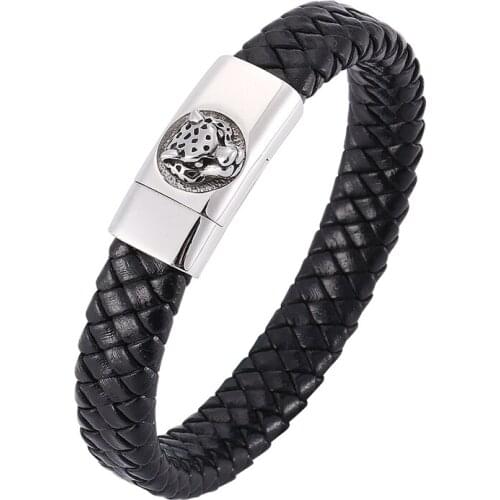 Punk Men Leather Bracelets Stainless Steel Leopard Bracelets Black Rope Chain Fashion Wristband for Male Gift BB0318