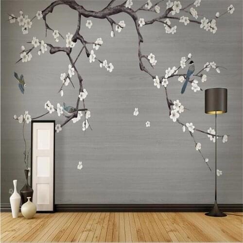 Milofi wall custom 3D wallpaper mural new Chinese hand-painted flower and bird TV bedroom background wall hand-painted plum