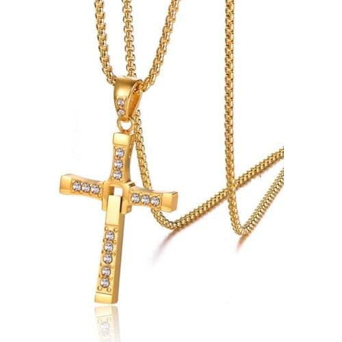 Stainless Steel Fast & Furious Zircon Stone Crystal Cross Pendant Necklace Jewelry Gift For Men Women with Chain